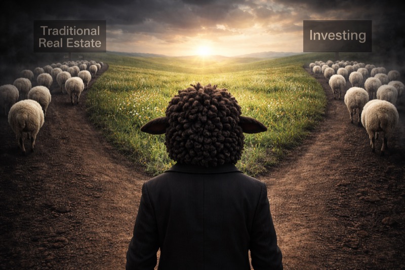 A black sheep in a business suit stands at a fork in the road. White sheep go left toward Traditional Real Estate and right toward Investing, but the black sheep faces the sunrise straight ahead: both paths, one professional